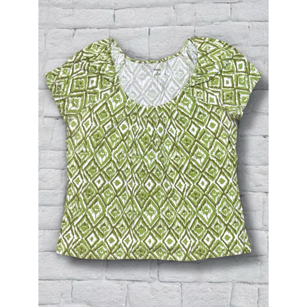 Style & Co Women’s 2X Green & White Diamond Short Sleeve Peasant Casual Blouse
